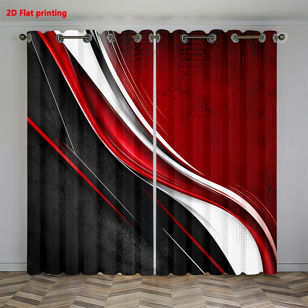 Image of 2d Flat - 2d Flat 2pcs Curtains Red Black Abstract Waves Room Home Decor Light Luxury Minimalist European Style, Suitable For Living Rooms, Bedrooms, Study Rooms, And Home Decoration