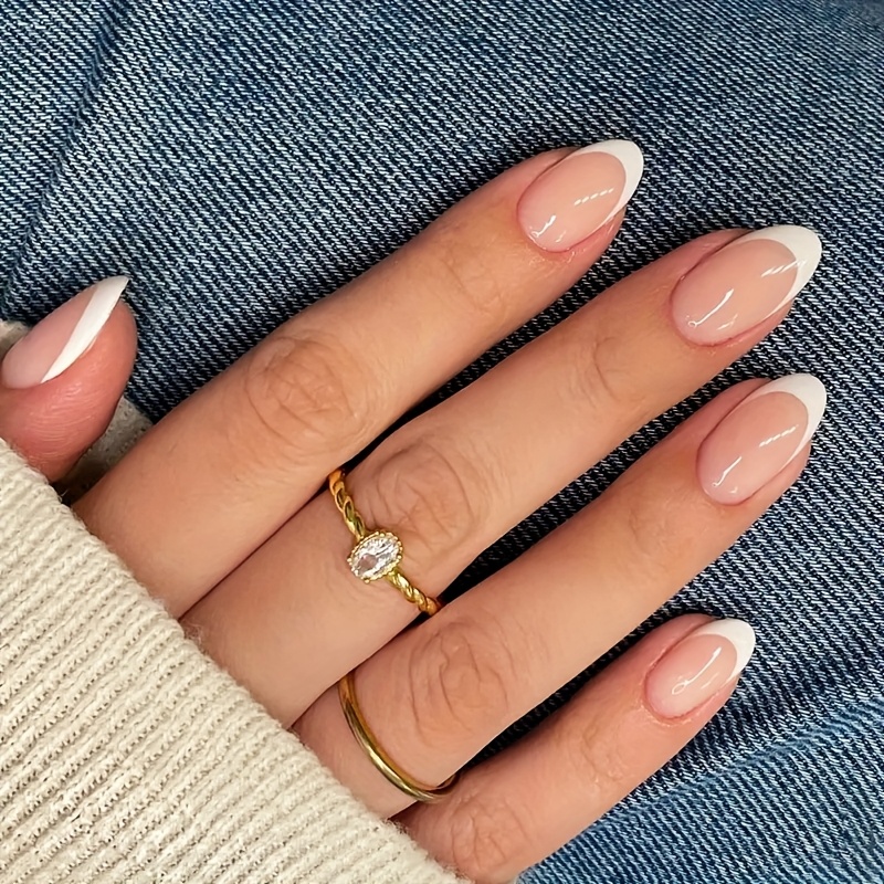 30pcs French Glitter Almond Shaped Press-on Nails, Medium Length, White Gradient With Sparkle Accents, Removable Fake Nail Set