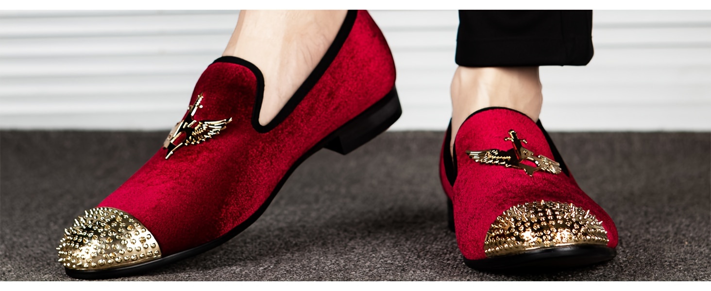 slim fit dress slacks OneDrop Handmade Red Suede Men Dress Shoes Gold Rhinestone Gold Toe Metal Wedding Party Prom Loafers Red / 6 main image 0