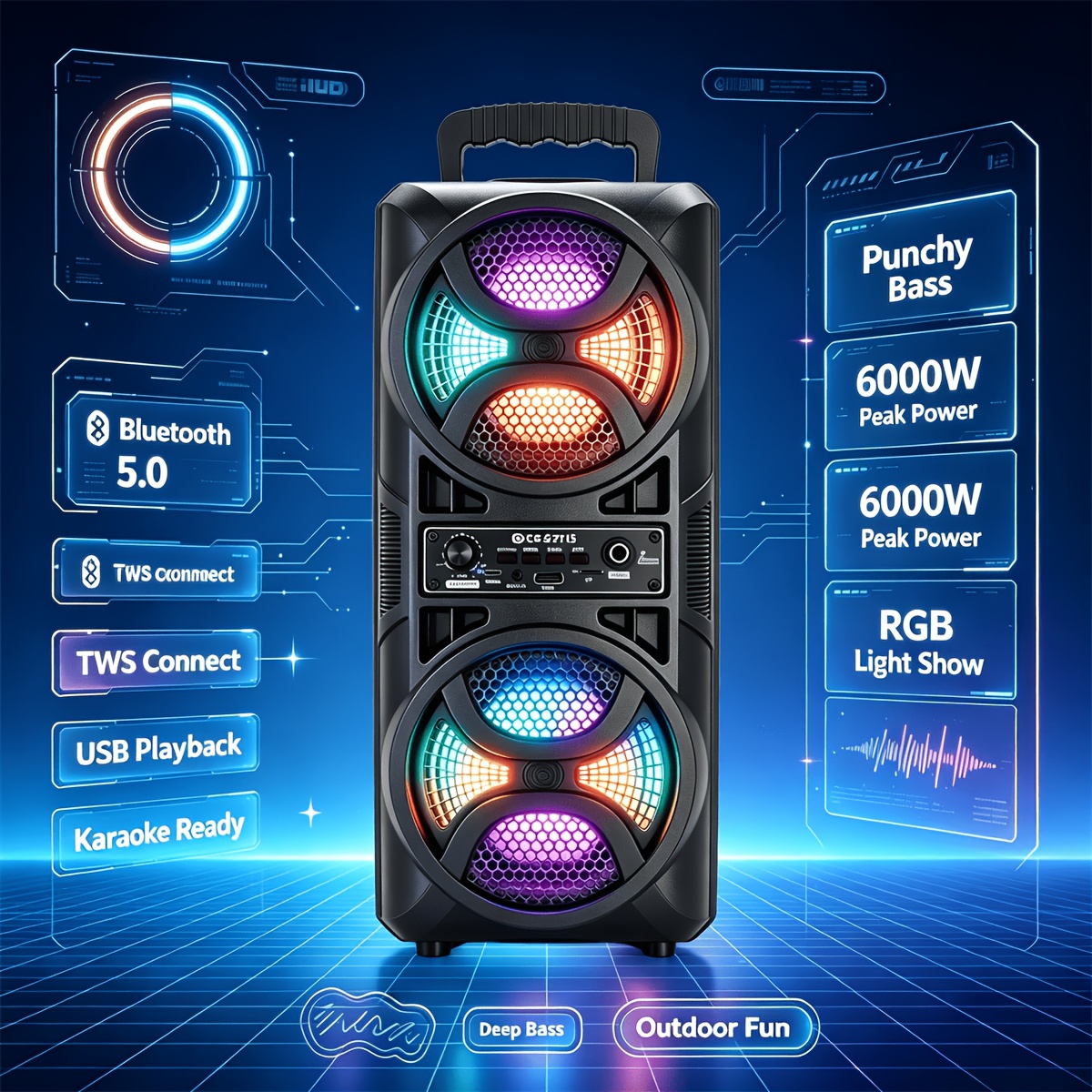 TEMU 1200w -level Sound Portable Pa Bluetooth Speaker With Led Lights, Wired Microphone Included, Rechargeable Wireless Speaker, Support Aux, Usb, Fm