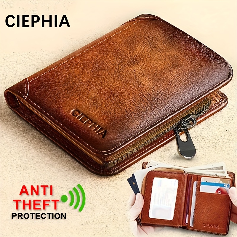 

1pc Men's Vintage Short Genuine Leather Wallet Multi Function Purse Rfid Blocking Zipper Id Credit Card Holder Money Bag