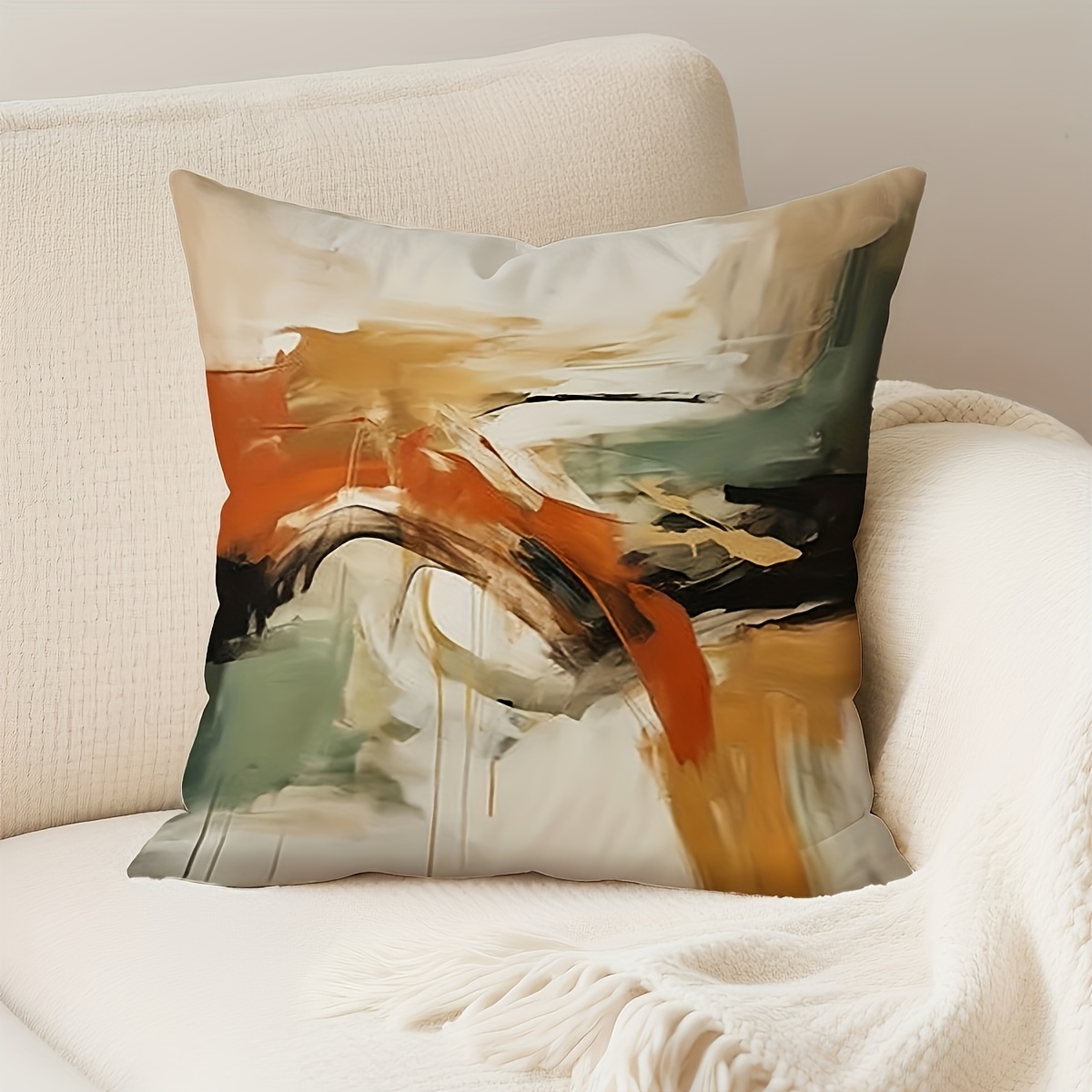 TEMU 1pc, Beige, Mustard, Rust, Green, Abstract Pillow Cover, Suitable For Birthday Gifts, Valentine's Day, Christmas, Wedding Anniversaries,