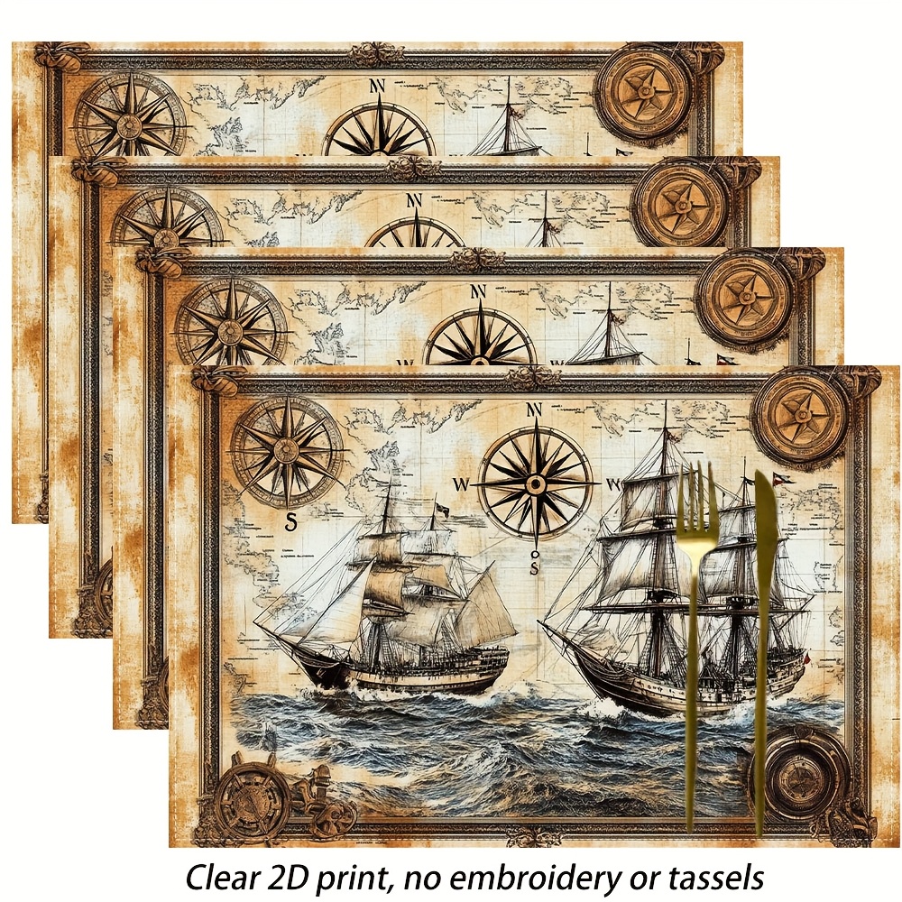 E-shop 4er-Set Nautisch Motivierte Platzsets, für Esstische und Kaffeetische, Deko & Küchenrestaurant Partydekoration, Tafelgeschirr 12x18 Zoll