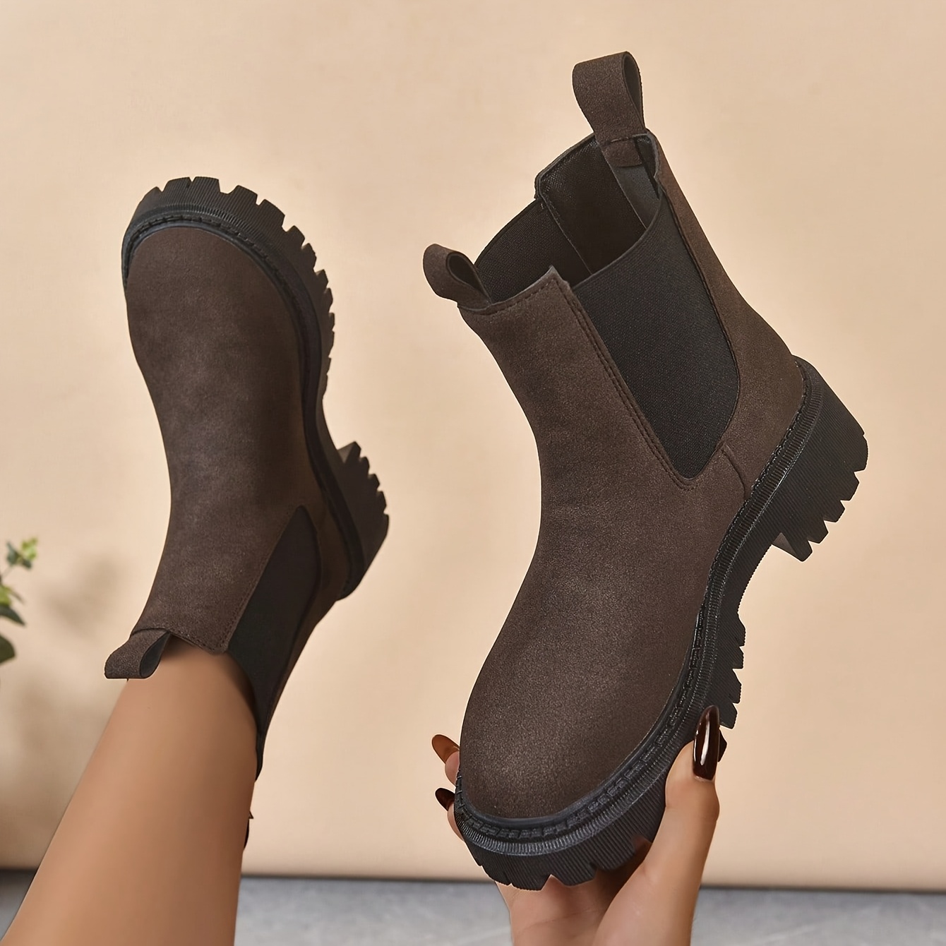 TEMU Bottines marron à plateforme pour femme avec bande élastique, talon épais dentelé pour augmenter la taille, style , chaussures pour femme