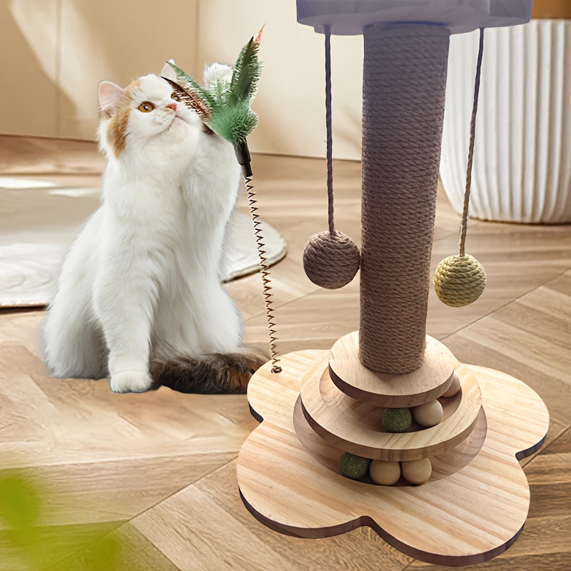 

Sisal Cat Scratching Post With Interactive Teaser Toy - Sturdy Wood Base, Climbing Frame & Turntable For