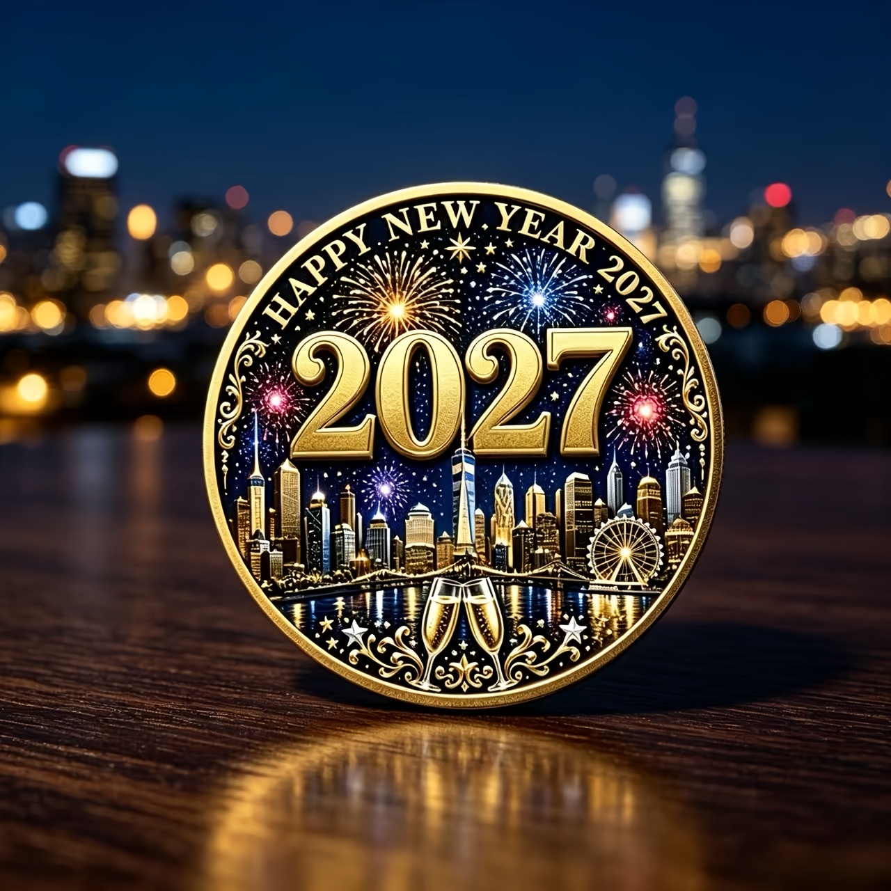 TEMU 1pc 2027 Happy New Year Double-sided 2d Alloy Challenge Coin With Transparent Protective Case. 1.57-inch Pocket-sized Holiday Collectible