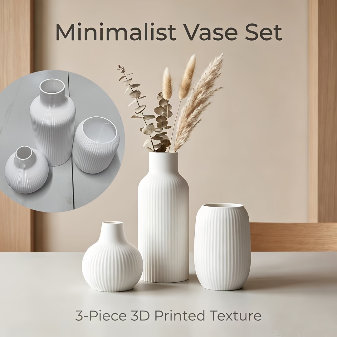 TEMU 3pcs Set Matte Pla Plastic 3d Printed Vase Set, Vertical Stripe Embossed Decorative Vase, Modern Minimalist Dining Room And Living Room Home