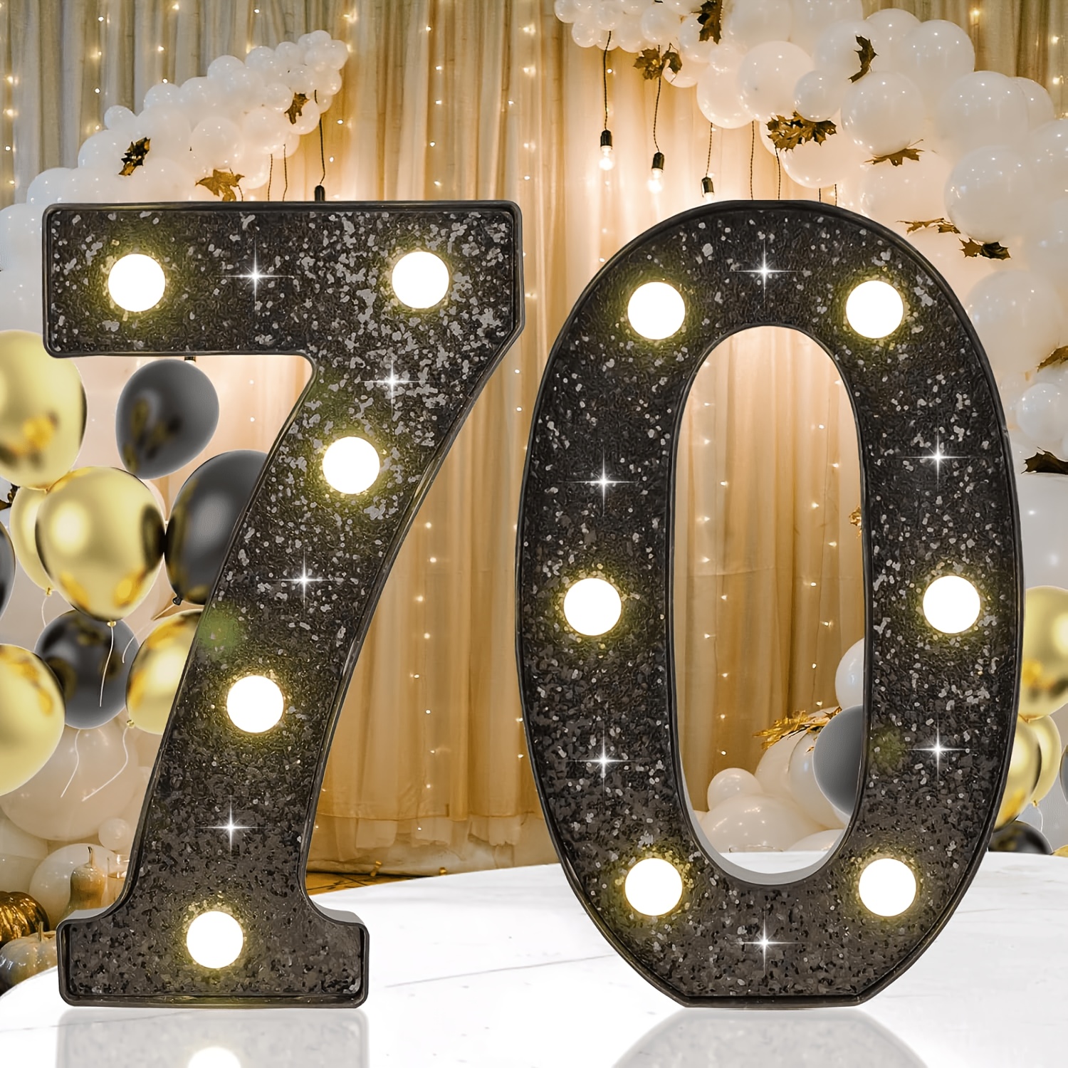TEMU 2pcs, 70th Birthday Decoration Festival Light Display, Decorative Led Light Number For Birthday Party, Large Number With Glitter, Suitable For