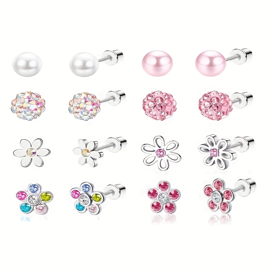 TEMU 8 Pairs Of Hypoallergenic Spiral Back Earrings For Ladies Girls Tiny Cz Heart Flower Spiral Back Earrings Stud 316l Stainless Steel Stud Flat