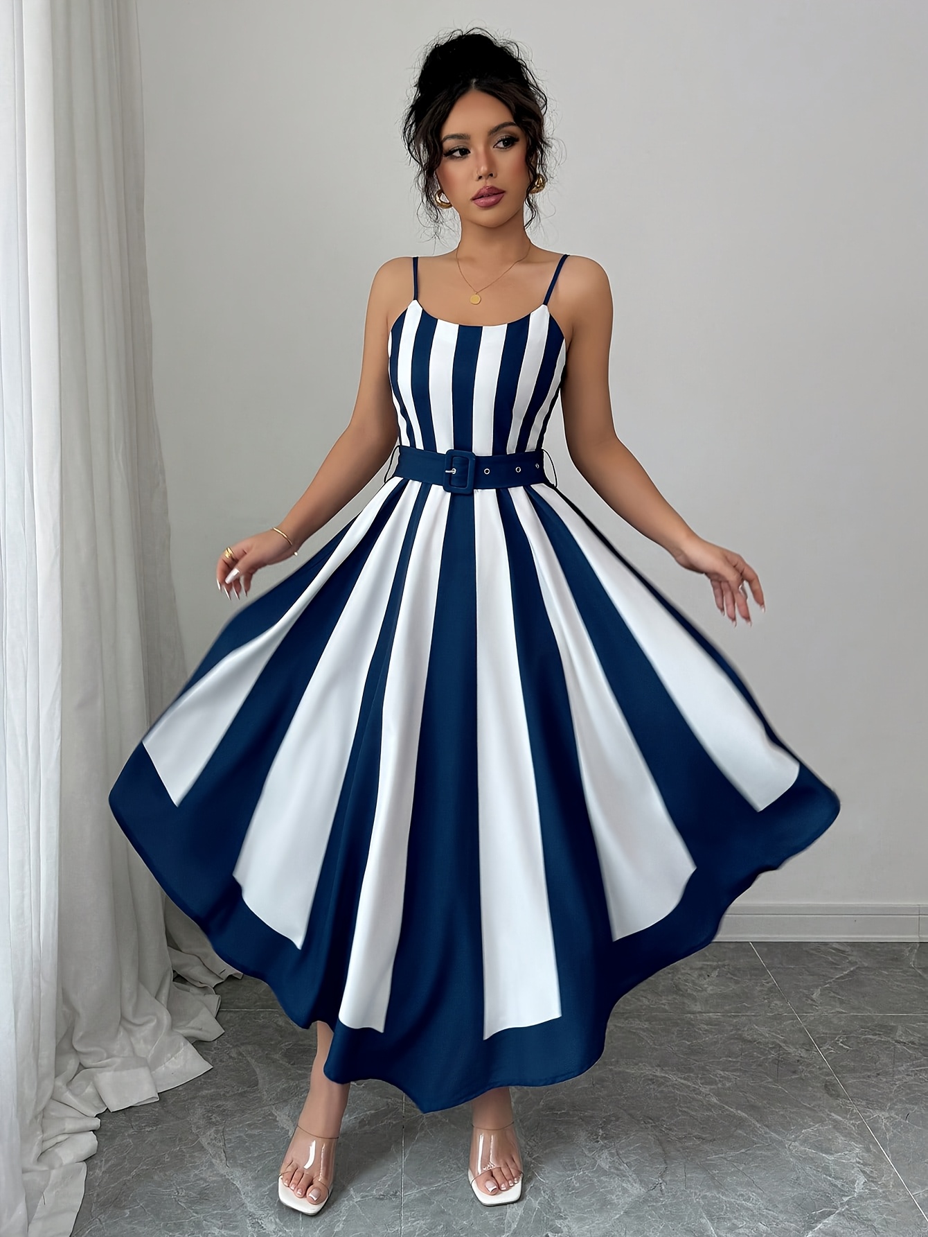 womens classic striped color block waist cinching shaped - Temu