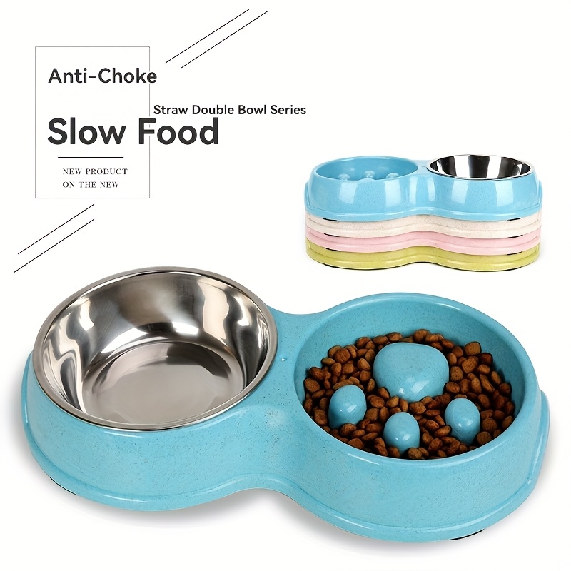 2 in 1 stainless steel slow feeder water bowl for dogs anti choke non slip pet dish with paw print design pink green plastic base for food   bowl slow feeder pet feeding station durable pet material Product details 6