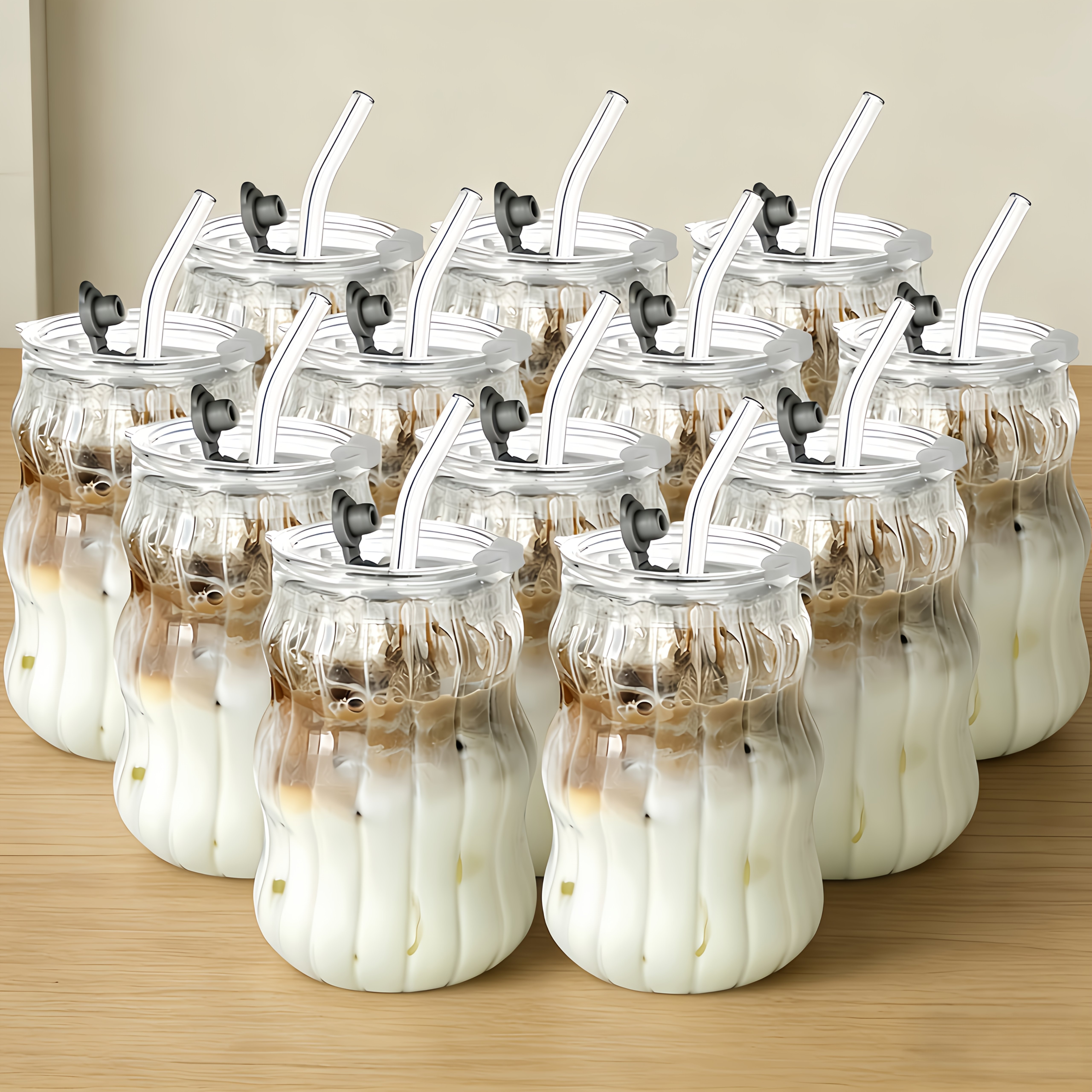Image of 12pcs Striped Glass Cups, Suitable For Cold And Hot Beverages, Juice, Milk, Water, Ice Cream, Coffee, , And Other Drink Cups, Perfect For Party Occasions, Kitchen Home Goods, 530ml