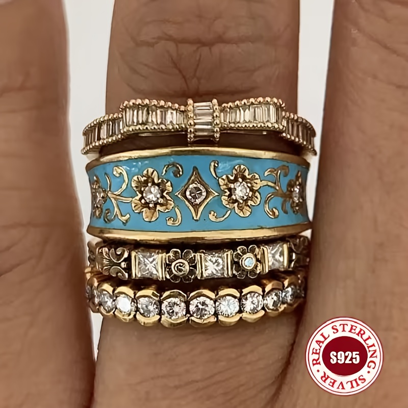 TEMU Elegant S925 Sterling Silvery Neutral 4pcs Ring Set - Fashion Retro Bohemian Court Series - Hand Carved Kc Gold-plated Jewelry, Exquisite Floral