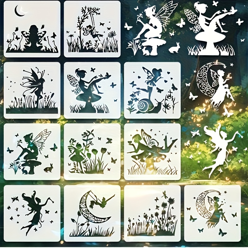 Image of A Set Of 12 Reusable Fairy Templates, Perfect For Crafts, Scrapbooking, And Wood Painting - Plastic Art Stencils For