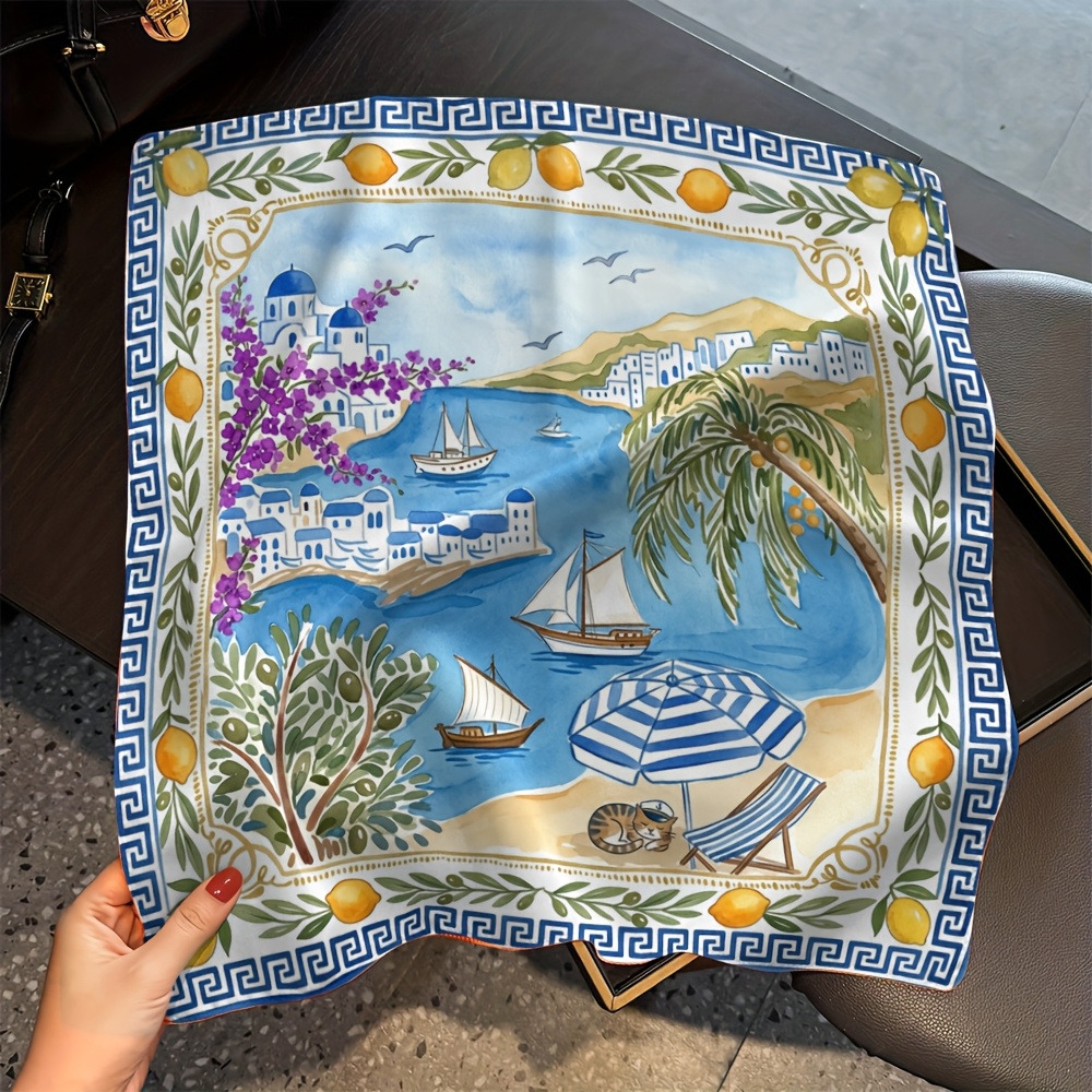 TEMU 1pc Mediterranean Scenic Pattern Square Scarf, Coastal Village Sea Boats, Printed Multifunctional Square Scarf, Headscarf, Wristband, Suitable