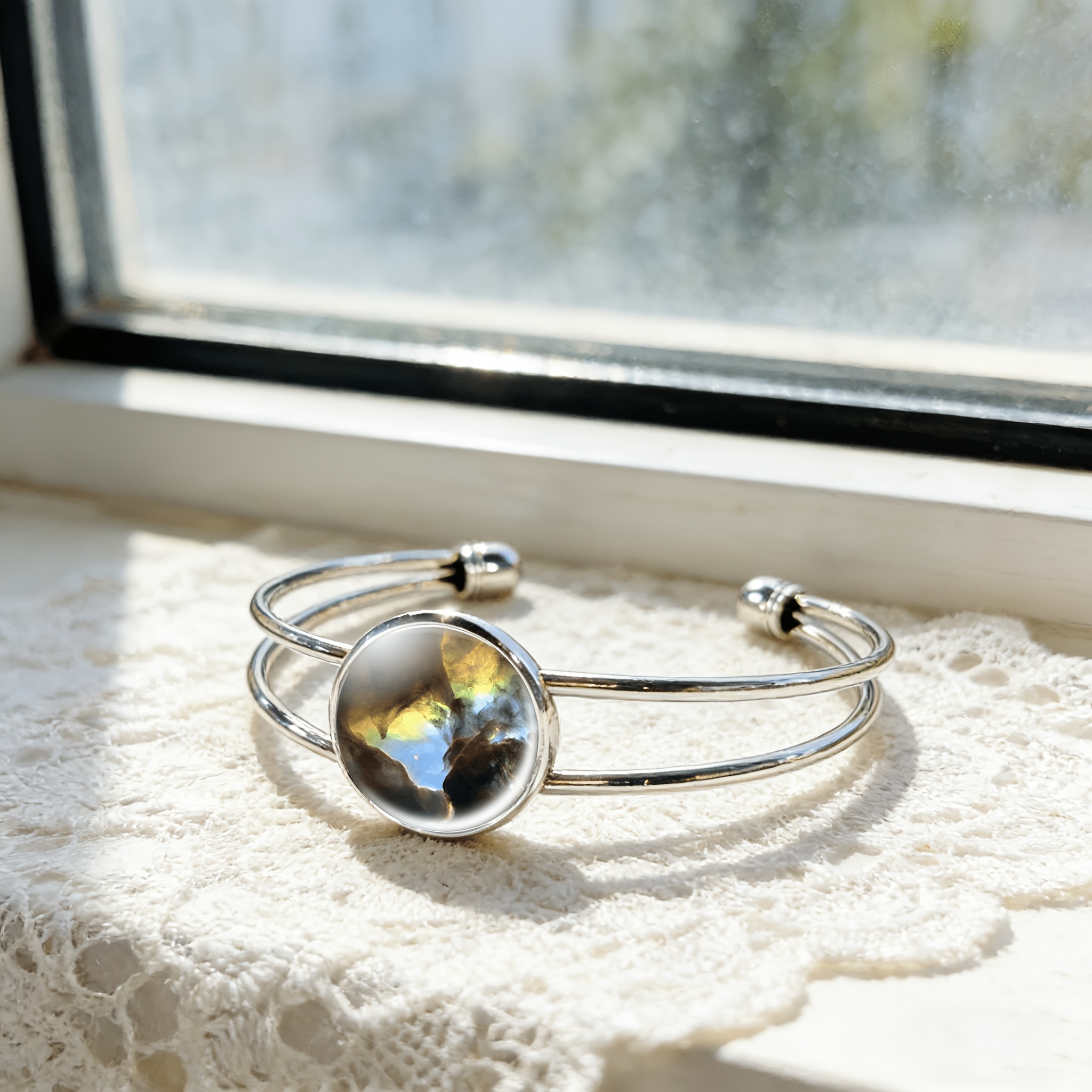 Women's Nebula Colorful Round Time Gemstone Inlaid Adjustable Open Bangle