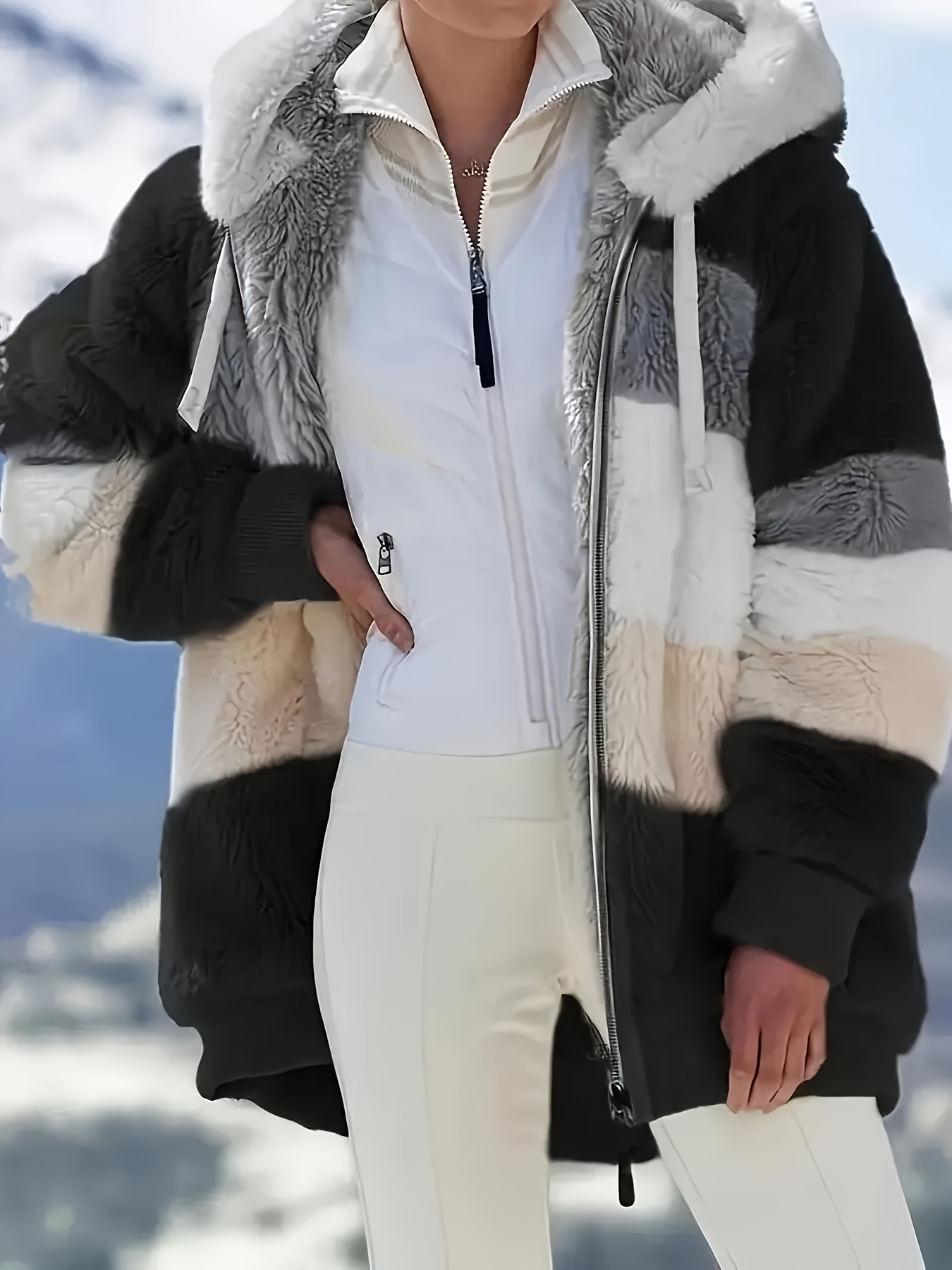 autumn winter new arrival womens color block plush hooded coat oversized lazy style fuzzy casual jacket versatile streetwear outing warm outerwear