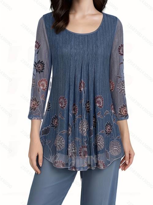 womens elegant casual floral print 3 4 sleeve tunic top double layer pleated mesh blouse with loose fit umbrella hem semi summer shirt spring summer apparel delicate texture fashion