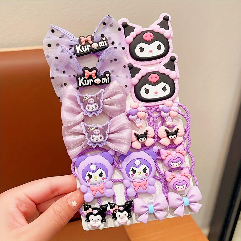 Image of 16/18pcs Set Kuromi Inspired Elastic Hair Ties, Non-damaging Headbands With Bows, Flowers, And Cartoon Patterns - Cute Trendy Hip-hop Style Hair Additions, Colorful Fashion Additions