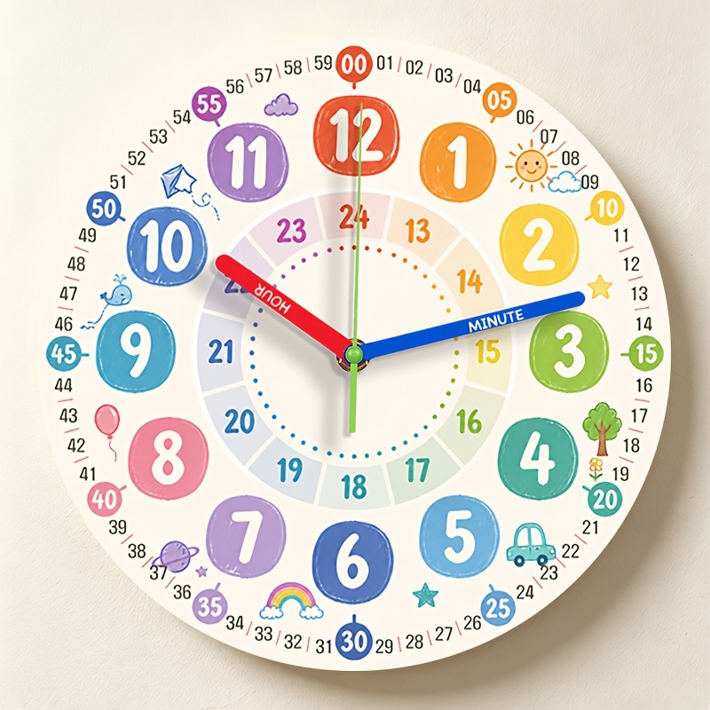TEMU 1pc, Colorful Design Wall Clock, With 24-hour Time Display, Multicolor Large Numbers, Decor Clock, Suitable For Living Room And Bedroom