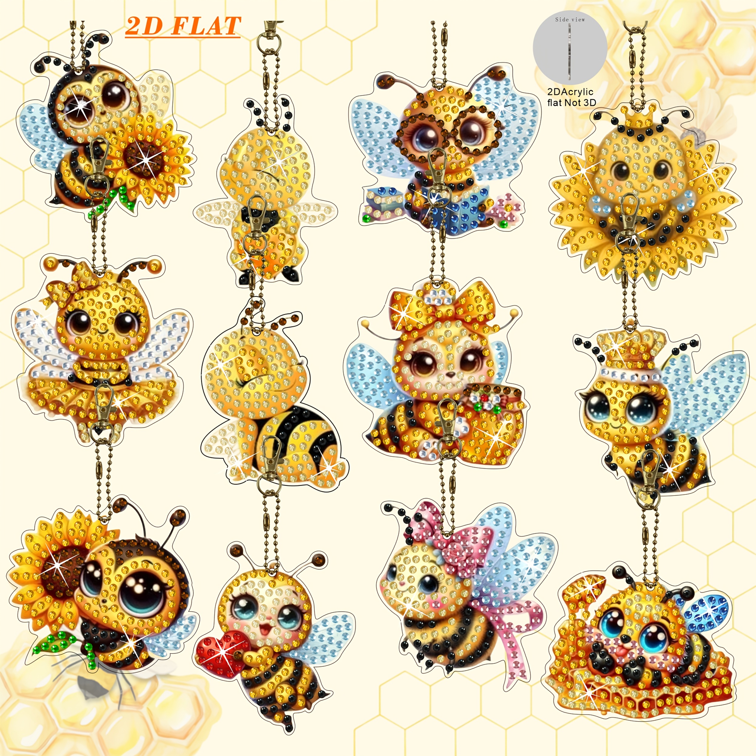 Image of 12pcs Bee-themed Double-sided Diamond Painting Keychains Suitable For Art Beginners - Diy 5d Round Diamond Bees Craft, Cute Bee Patterns, Perfect Gift For,, Parties & Events (/valentine's), 2d Flat