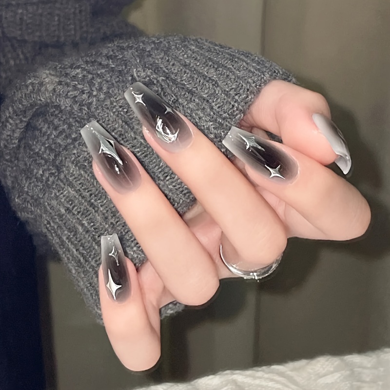 

French Dress Nail Dark Babes Silvery Moon Stars Nail Art Piece Fake Nails Mid Length Ballet Nails