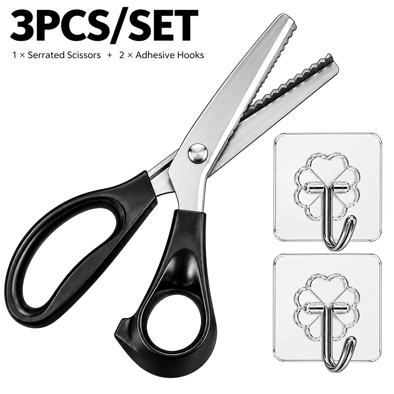 TEMU 3pcs Set [serrated Scissors X 1pc And Adhesive Hooks X 2pcs], Serrated Blade Design Makes It Convenient To Trim Wavy Lace And Decorative Edges,