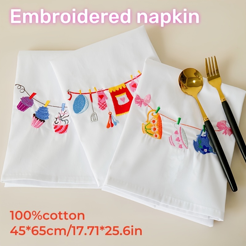 

1pc, Embroidered Napkin, Festive Dining Table Decor, Cotton White Cloth With Colorful Embroidery Napkin For Baking & Western Cuisine Presentation