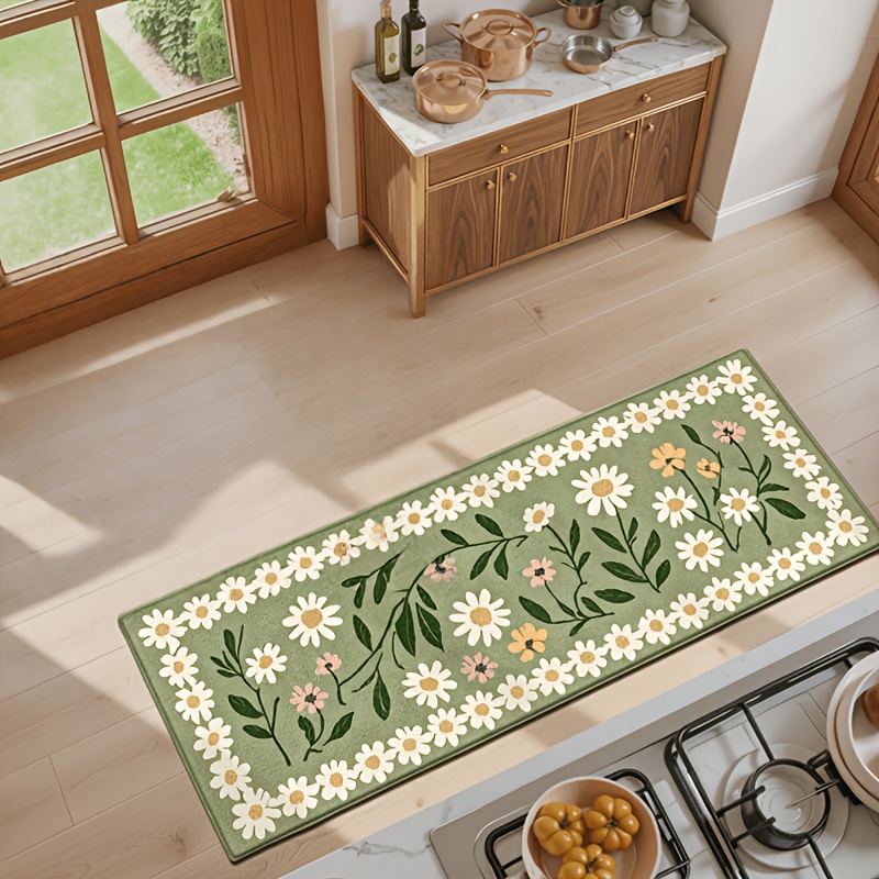 TEMU 1pc 2d Flat Printing Flannel Material Door Mat, Outdoor Courtyard Door Mat, 1pc Washable Kitchen Floor Mat, Vintage Floral Print Kitchen Mat,