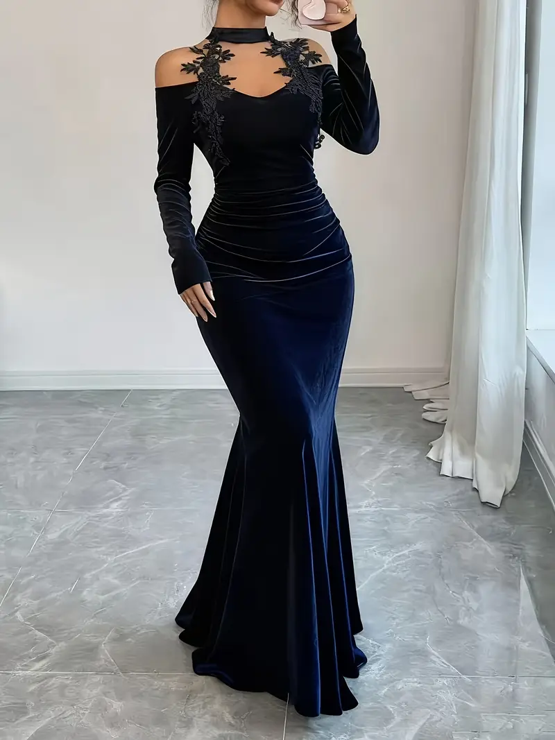 Women'S Elegant * And Fashionable Velvet, Embroidered Lace Floral Decoration V-Neck Sleeveless A-Line Fishtail Hem Dress, New Autumn And Winter Pleated Waist * Long Dress, Suitable for Street Dating, ... Women'S Elegant * And Fashionable Velvet, Embroidered Lace Floral Decoration V-Neck Sleeveless A-Line Fishtail Hem Dress, New Autumn And Winter Pleated Waist * Long Dress, Suitable for Street Dating, ...