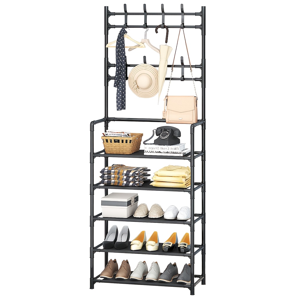 E-shop 4/5-stöckiges multifunktionales Aufbewahrungsregal für Kleidung, Hüte, Schuhe, , Metall Schuh- und Hutbrett mit Haken, Schuhorganizer, für