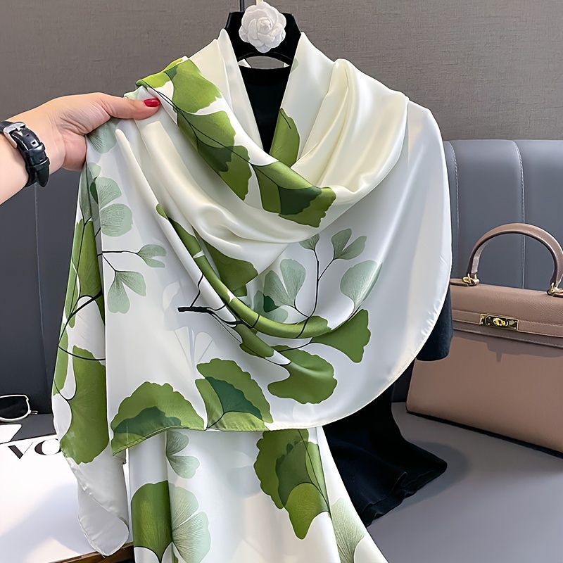 

Bohemian Satin Silk-feel Scarf With Green Ginkgo Leaf Print, Soft & Skin-friendly Summer Shawl, Lightweight Sun Protection Travel Scarf Wrap For Women