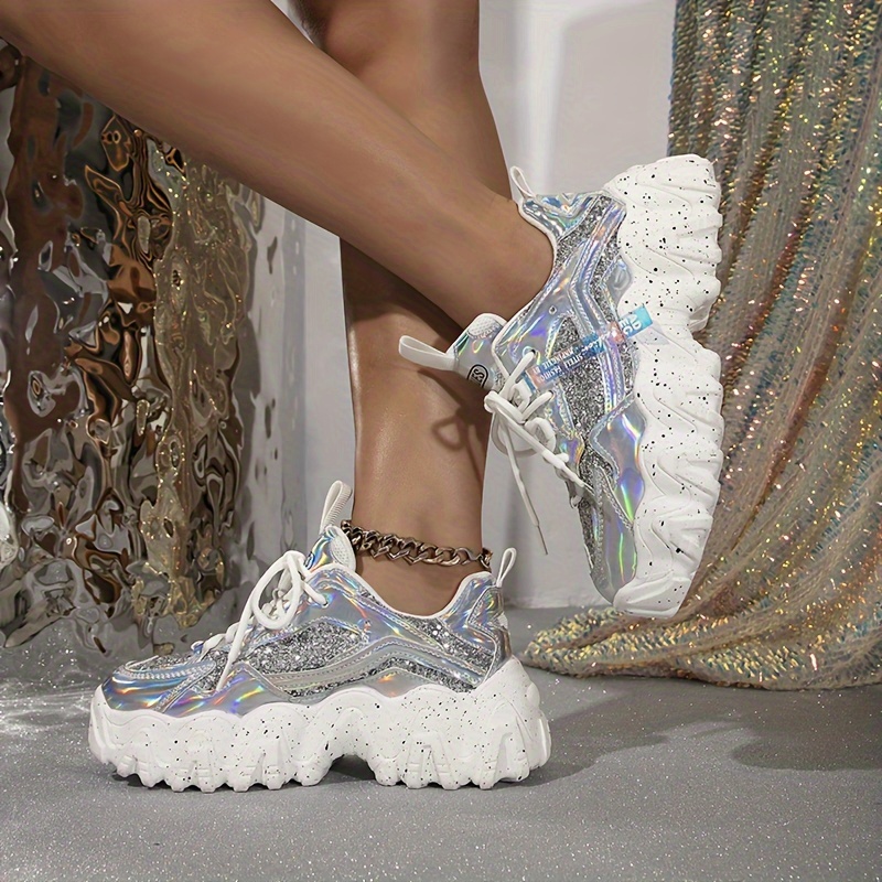 womens fashion chunky sneakers glitter design thick sole Temu Italy