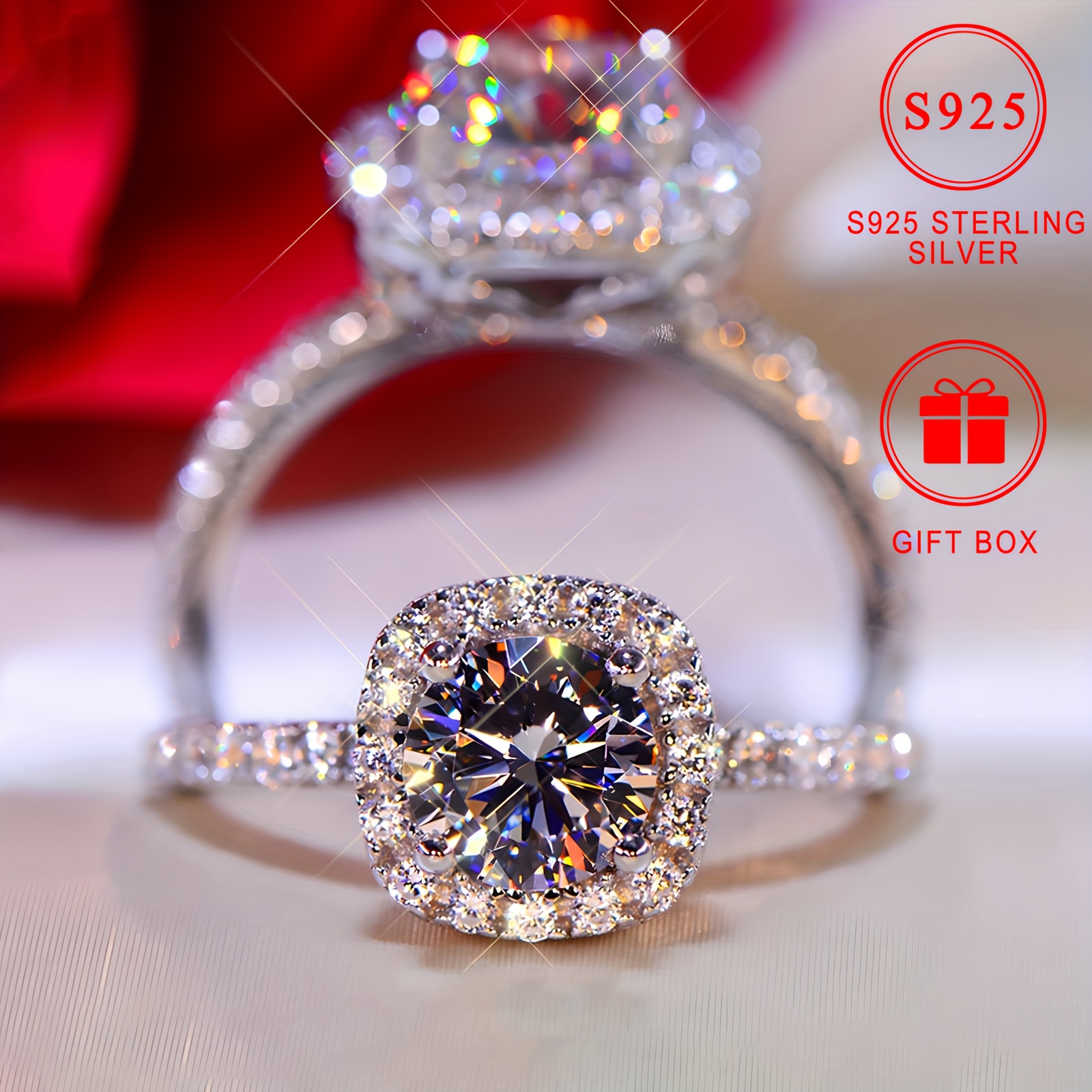 925 Silver CZ Engagement Ring, 4-Prong Setting, No Plating