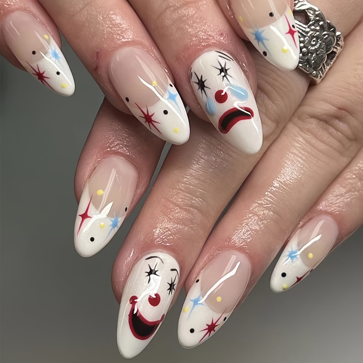 

Fair Mixed Color French Clown Star Cartoon Drop Shape Medium Length Glossy Finish Removable False Nail Tips Set