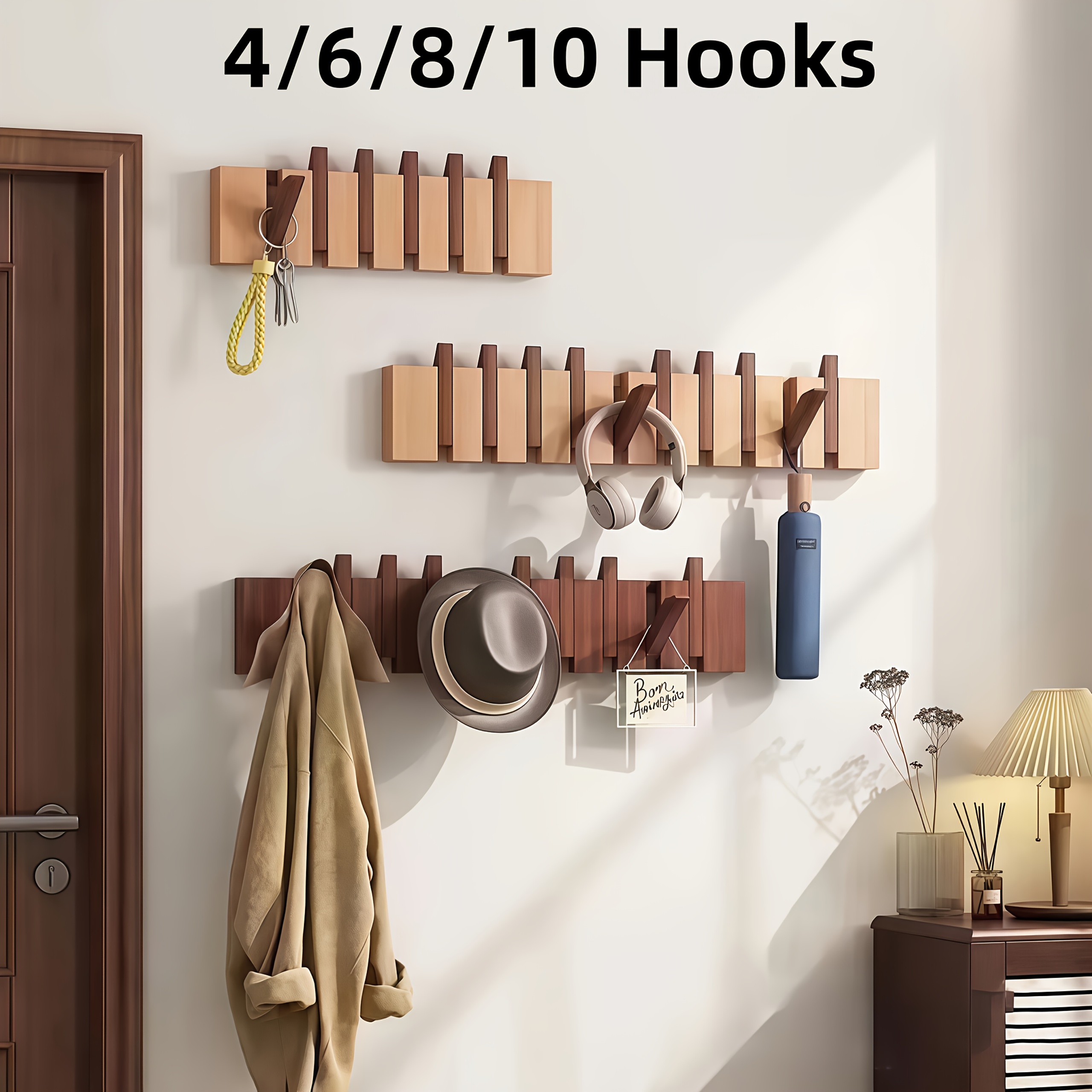 1pc Natural Wood Wall-Mounted Coat Rack with 10 Hooks - Piano-Shaped Accordion Design, Walnut Finish, Space-Saving Vertical Storage for Entryway, Bedroom, Bathroom - Easy Assembly, No Batteries/Electricity, Durable Multi-Purpose Organizer for Coats, Hats, Bags & Accessories, Entryway Organizer, Bedroom Decor, Stylish Home Accessory, Handcrafted Woodwork, Highquality Craftsmanship, Wall Hanger, Home Organizers, Small Space Living