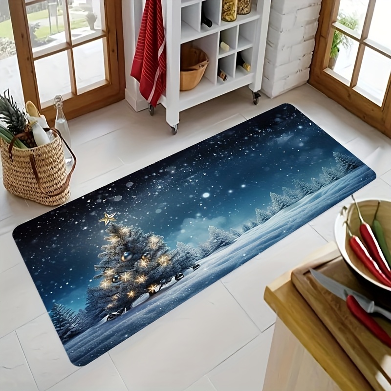 TEMU 1pc Tapis de Sol Épais de Cuisine Bleu pour Noël de 1.1cm - Antidérapant, à l', Lavable en Machine en Polyester avec Motif Sapin et Nuit Étoilée