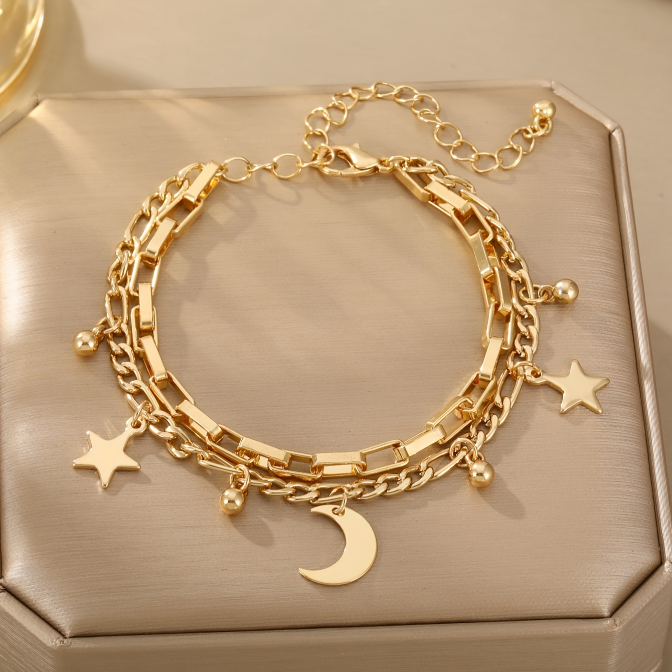 TEMU 1pc Bracelet Double Couche Chaîne Carré Lune Étoile Adapté pour le Port Cadeau de Rentrée Scolaire ( Boîte)