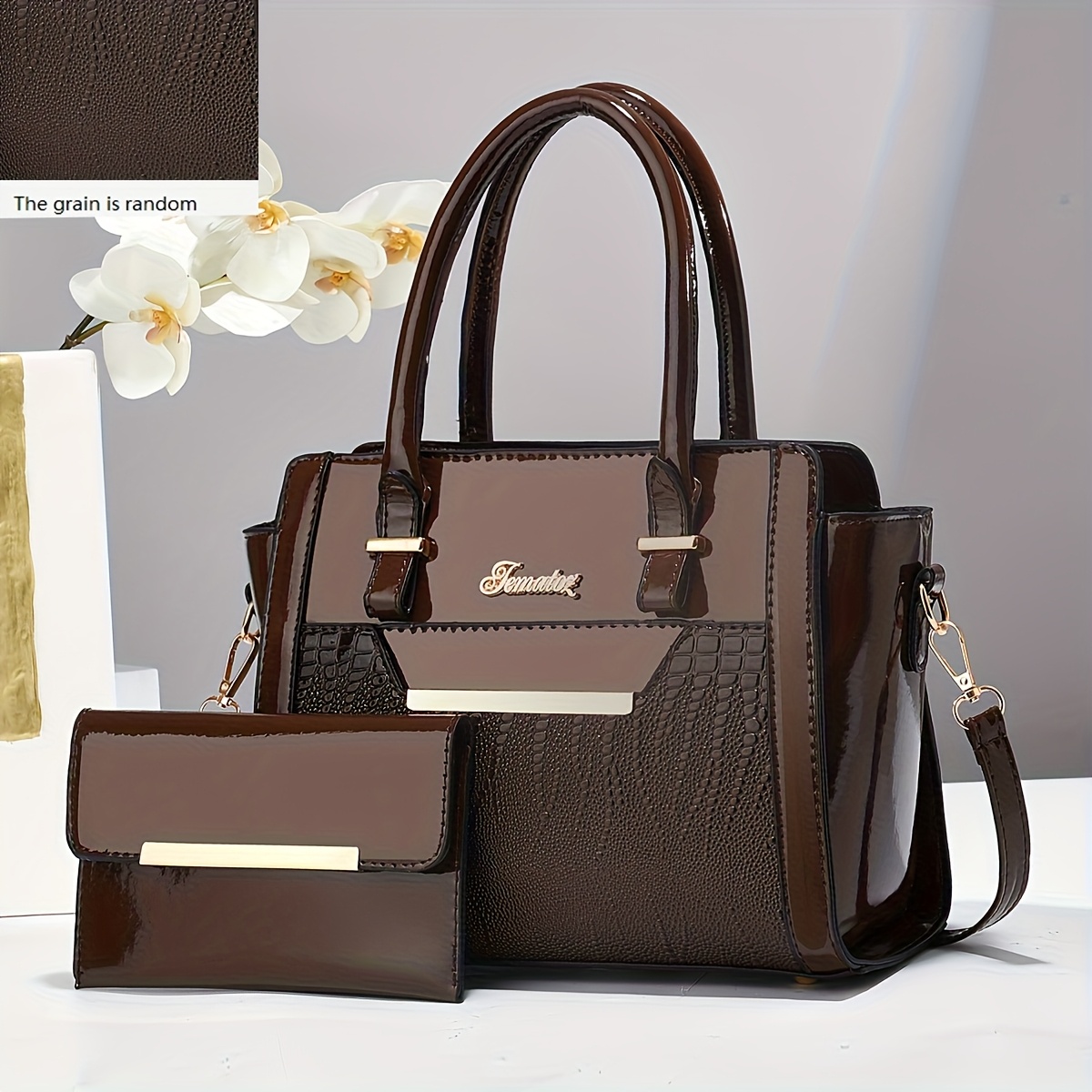 Image of 2pcs Set Glossy Tote Bag Women's New Large-capacity Shoulder Crossbody Bag Random Grain Crocodile Pattern Mother Bag Commuting Handbag Birthday Gift Dating Business Reception Essential For Going Out