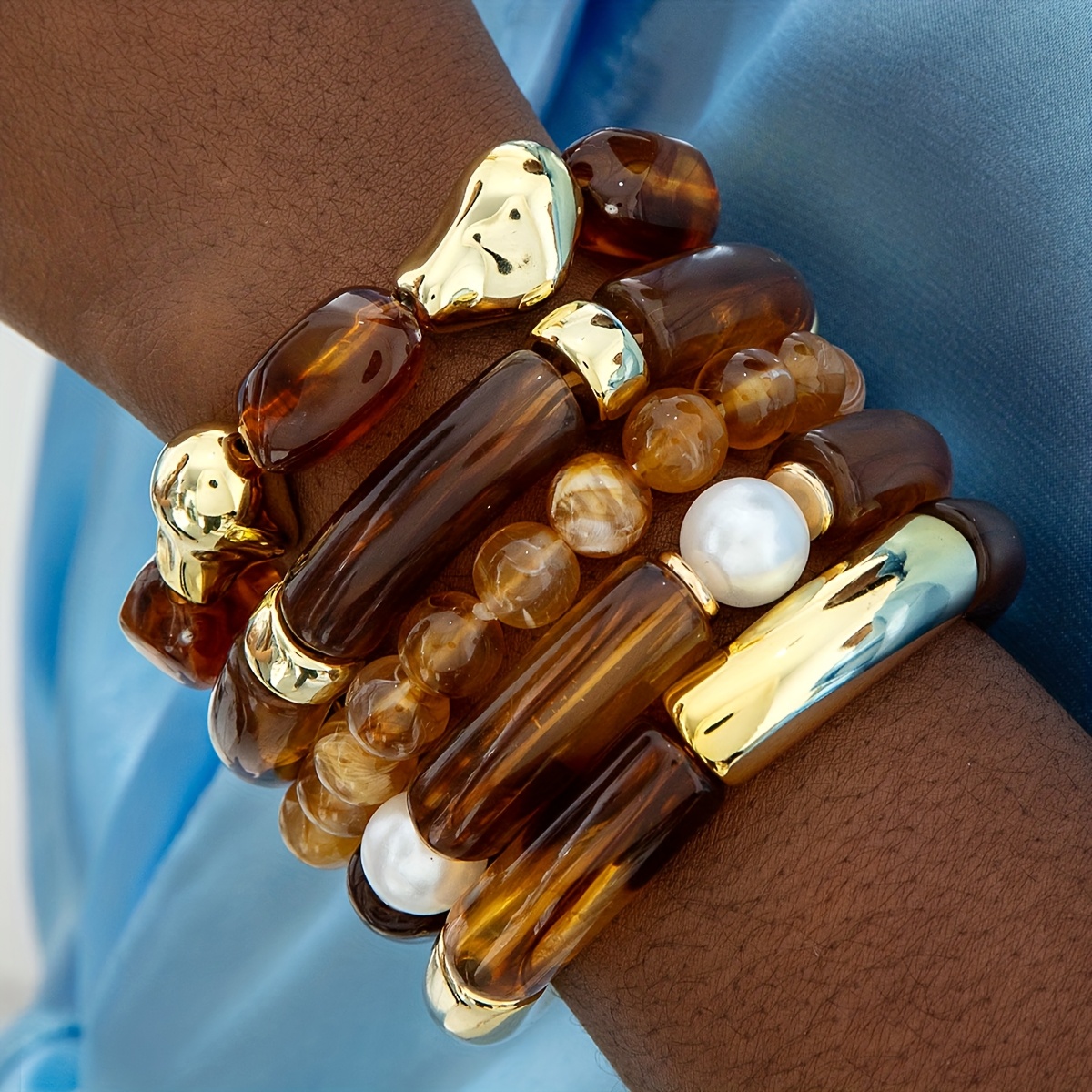 TEMU 5pcs Set Fashionable Vintage Acrylic Bead Bracelets | Kc Golden Plated, Boho Style, Perfect For Women's Parties And Gifts