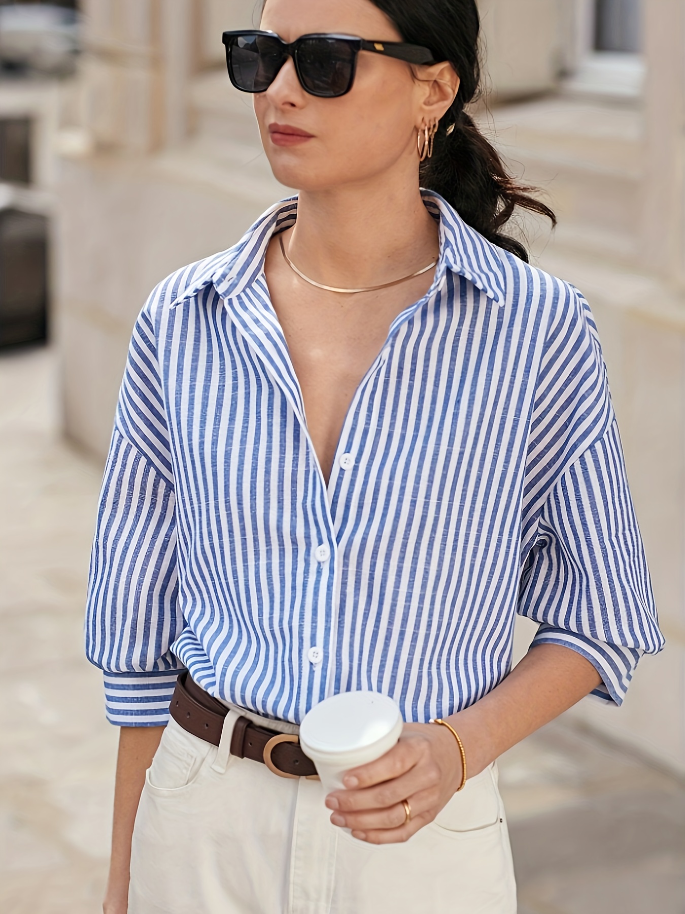 Print Striped Longline Shirt with Drop Shoulders - Polyester, Machine Washable, Button Detail, Perfect for Spring/Summer/Fall