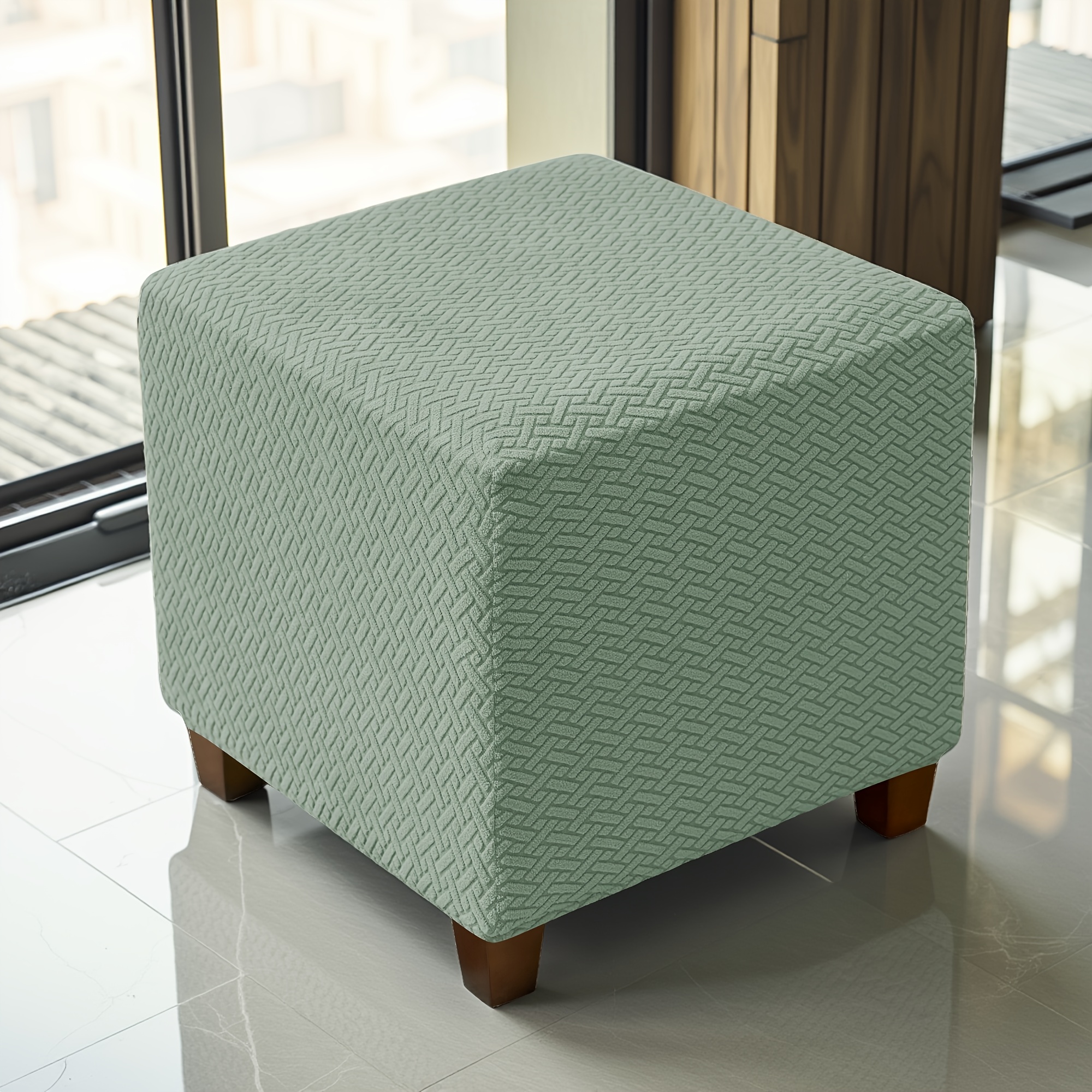 1pc jacquard elastic t shaped square ottoman cover nylon polyester corduroy machine washable elastic band closure