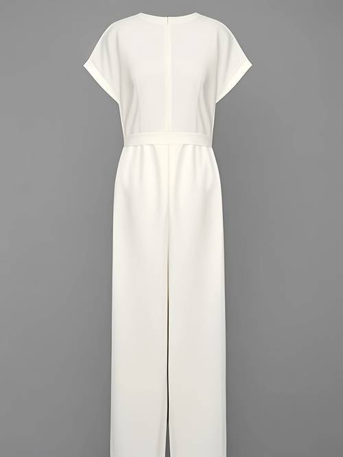 elegant white v neck jumpsuit for women with pockets high waist wide leg short sleeve button detail spring summer