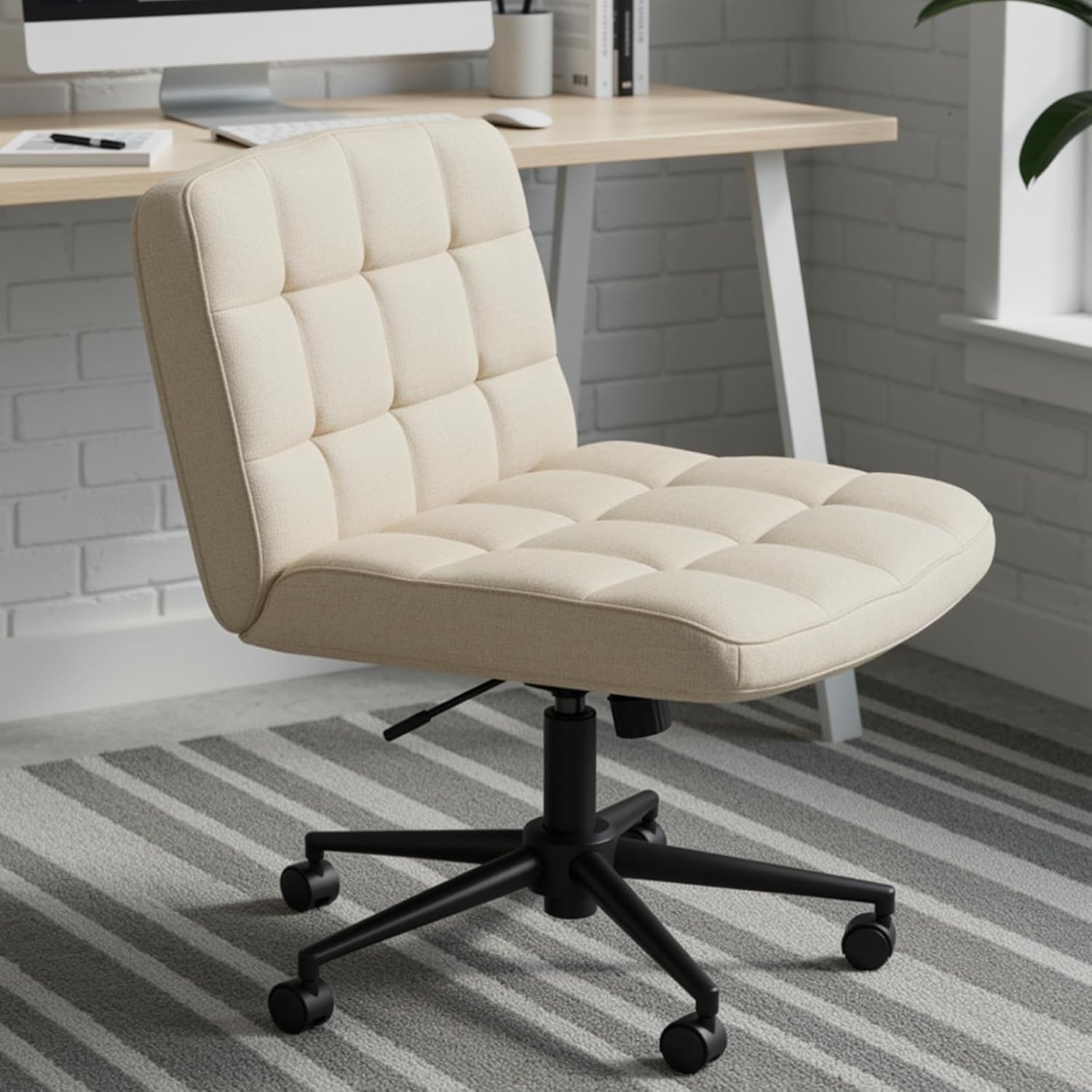 TEMU Rotating Cross Leg Chair, Armless Office Chair Featuring 360° Wheels And A Comfortable Wide Cushion, Adjustable Height, Suitable For Home Office