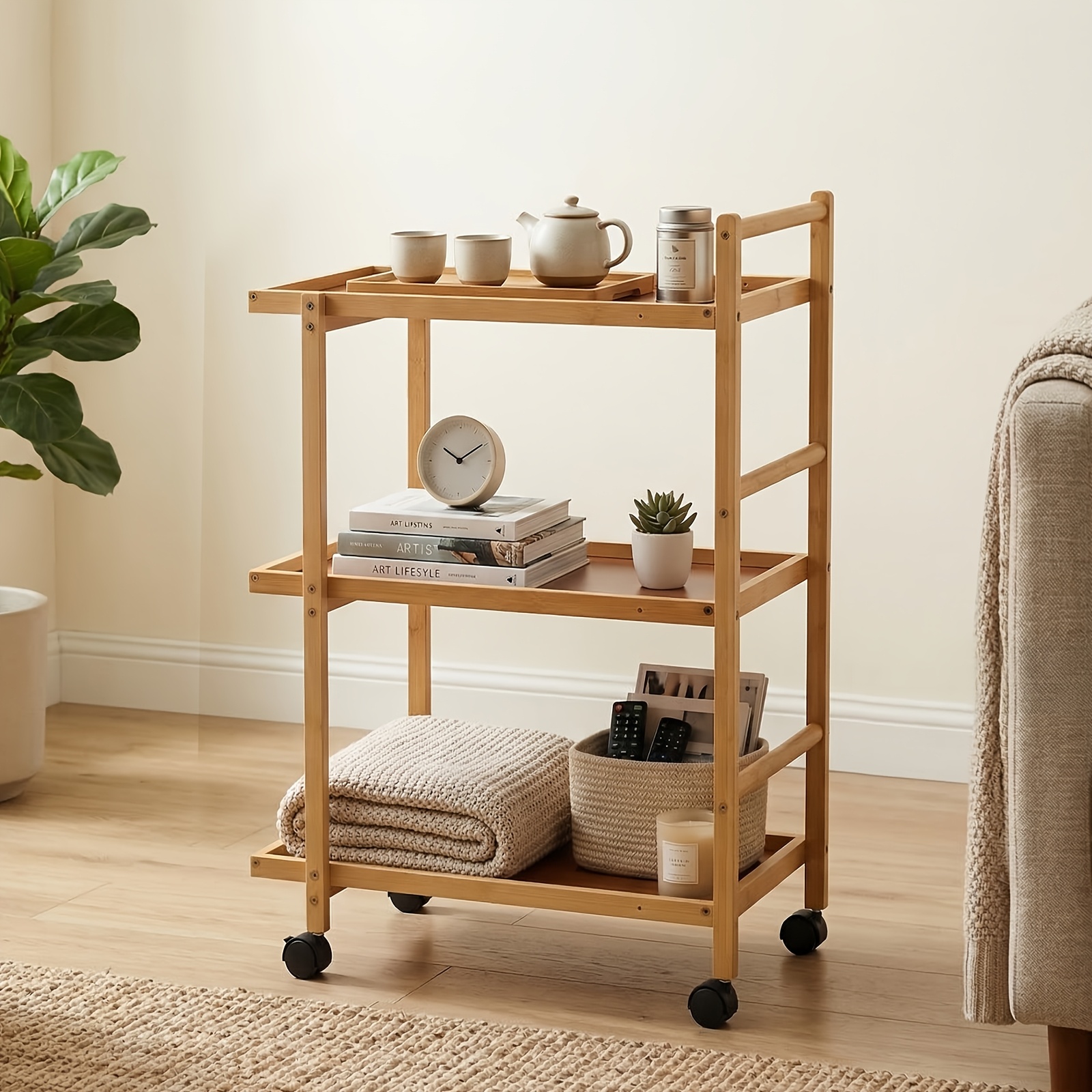 Office Bookshelf, With Casters For . Made Of Sturdy Natural Wood, It Boasts A Large Capacity And Space. Suitable For Home Offices, Studies, Mobile Bookcases.