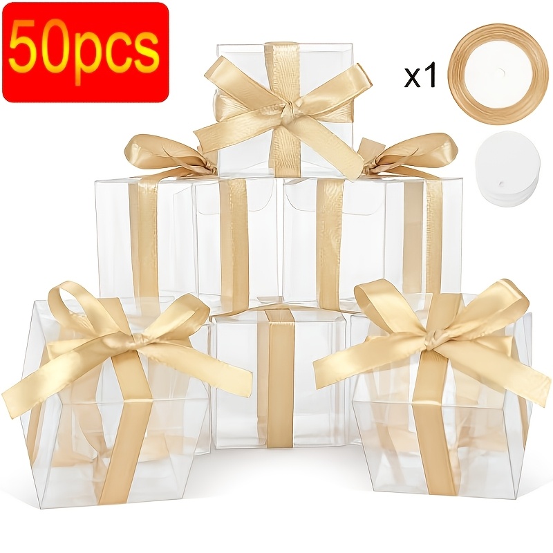 TEMU 50 stuks Gouden Lint Mini Transparante Geschenkdozen (Inclusief 1 stuk Lint) | Vaderdag/Verjaardag/Kerstmis/Moederdag/Valentijnsdag Universele