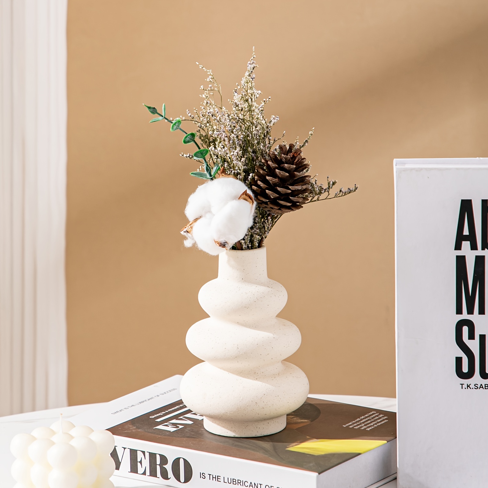 Image of Modern Boho Ceramic Vase - Geometric Spiral Design Nordic Minimalist Vase For Pampas Grass, White Ceramic Centerpiece For Dining Room, Living Room, Wedding & Entryway Decor, Vases Home Decor