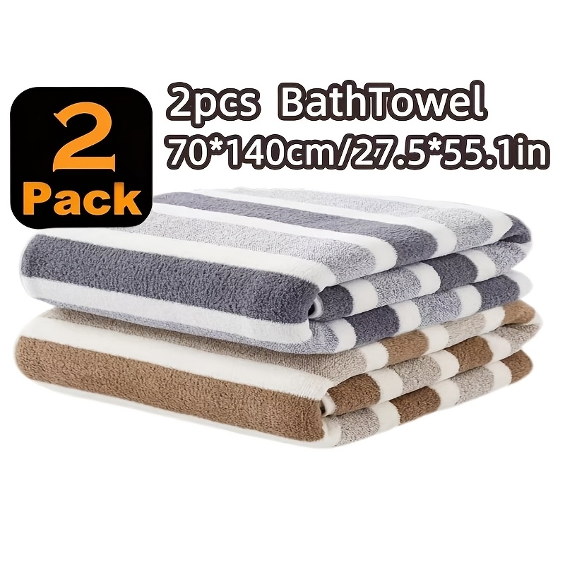 TEMU 2pcs Striped Towel Set, 70x140cm | 2pcs Coral Fleece Towel Set, Thickened Soft Striped Towels, Quick-dry Absorbent Multifunctional Bath Towels