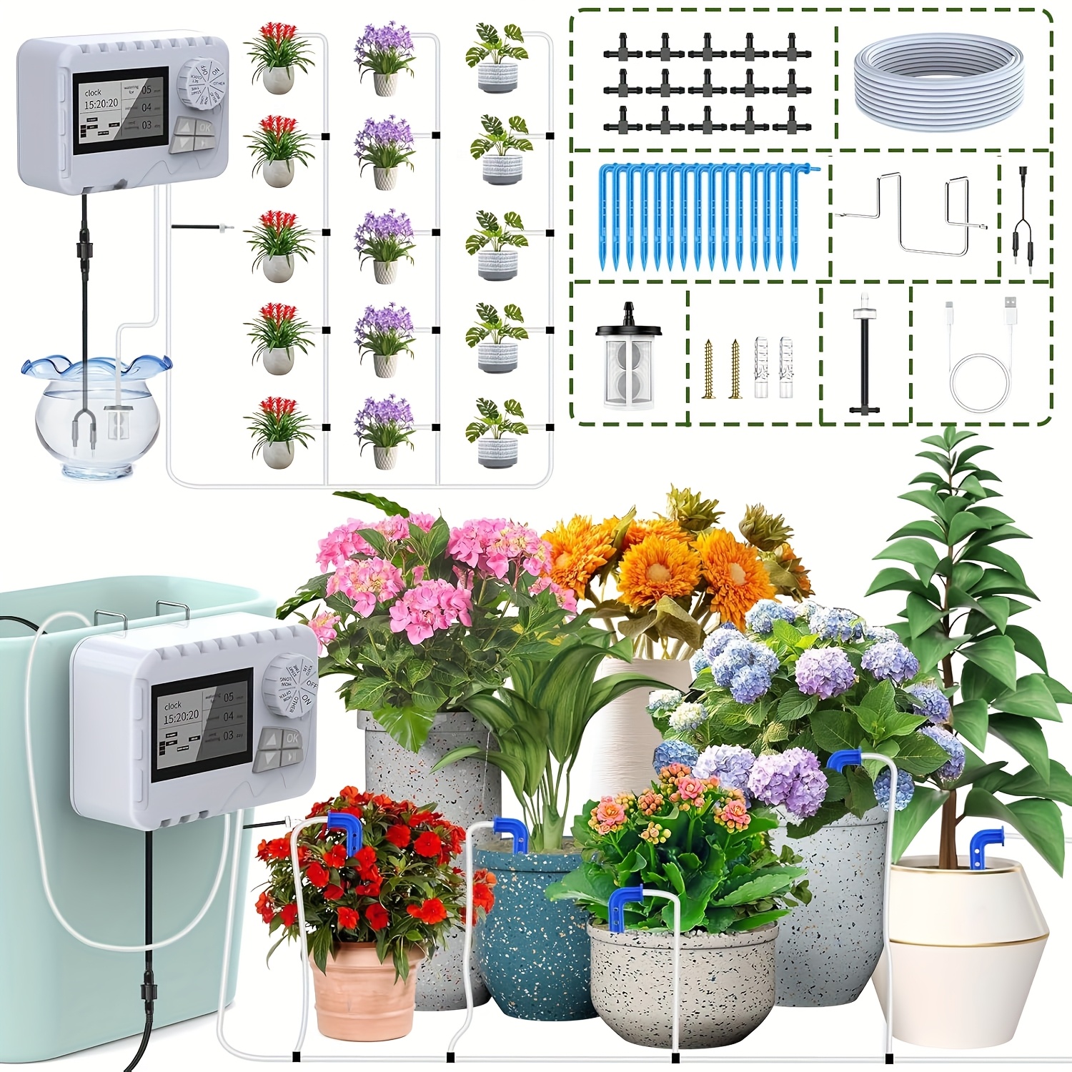 Grow Bags Smart Solar-Powered Drip Irrigation Kit - 8W Auto Watering ...