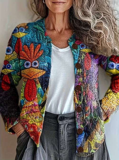 item picture 2d printed chicken pattern v neck style